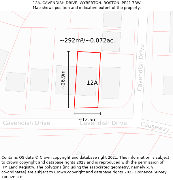 12A, CAVENDISH DRIVE, WYBERTON, BOSTON, PE21 7BW: Plot and title map