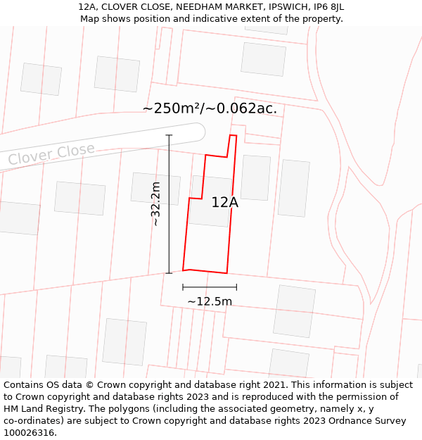 12A, CLOVER CLOSE, NEEDHAM MARKET, IPSWICH, IP6 8JL: Plot and title map