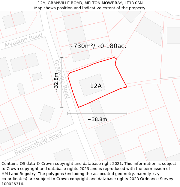 12A, GRANVILLE ROAD, MELTON MOWBRAY, LE13 0SN: Plot and title map