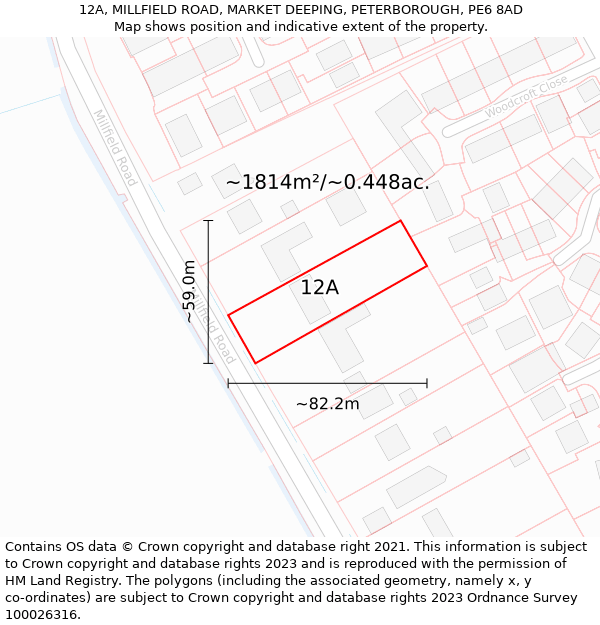 12A, MILLFIELD ROAD, MARKET DEEPING, PETERBOROUGH, PE6 8AD: Plot and title map