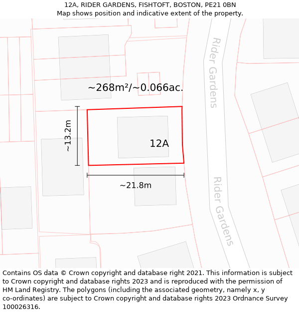 12A, RIDER GARDENS, FISHTOFT, BOSTON, PE21 0BN: Plot and title map