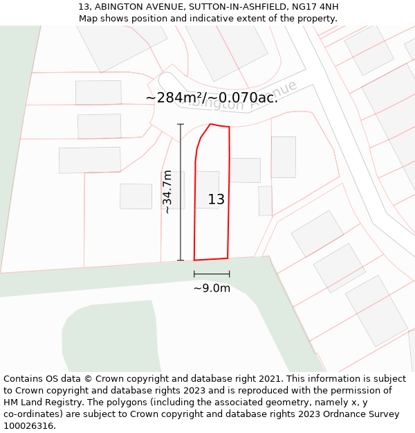 13, ABINGTON AVENUE, SUTTON-IN-ASHFIELD, NG17 4NH: Plot and title map