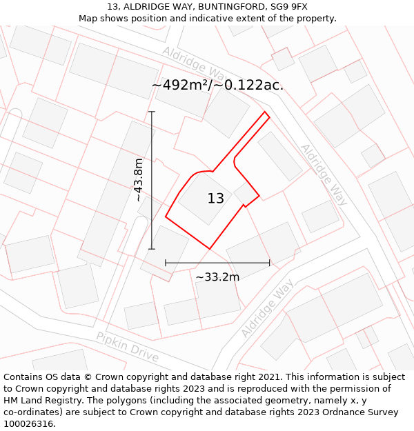 13, ALDRIDGE WAY, BUNTINGFORD, SG9 9FX: Plot and title map