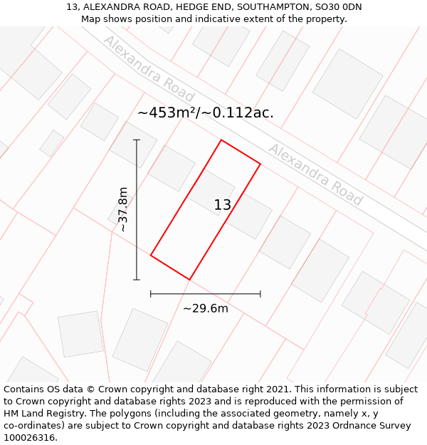 13, ALEXANDRA ROAD, HEDGE END, SOUTHAMPTON, SO30 0DN: Plot and title map