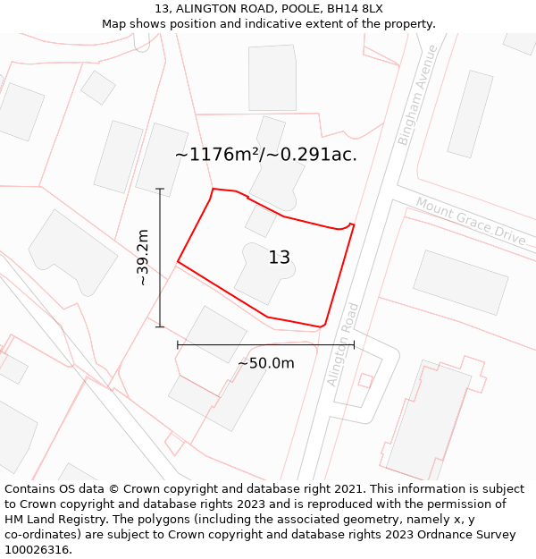 13, ALINGTON ROAD, POOLE, BH14 8LX: Plot and title map