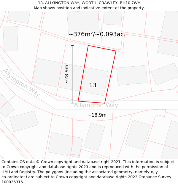 13, ALLYINGTON WAY, WORTH, CRAWLEY, RH10 7WA: Plot and title map