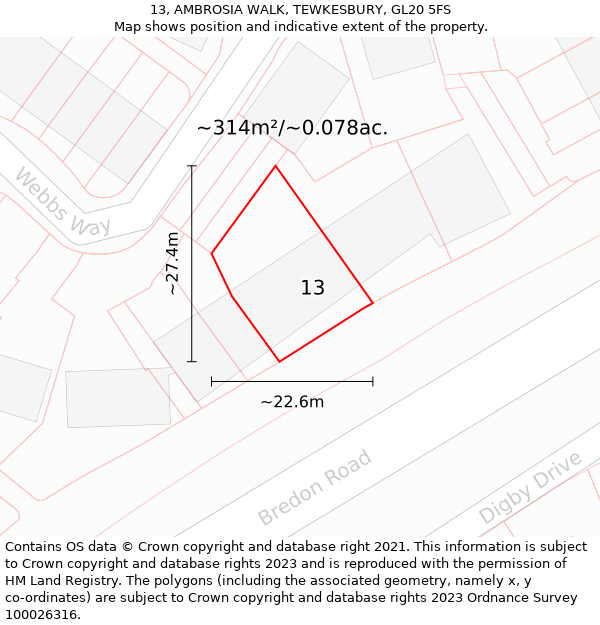 13, AMBROSIA WALK, TEWKESBURY, GL20 5FS: Plot and title map