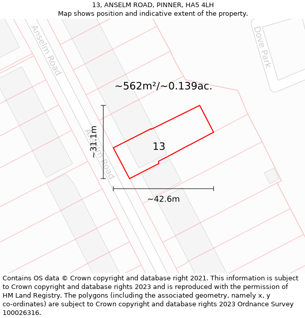 13, ANSELM ROAD, PINNER, HA5 4LH: Plot and title map