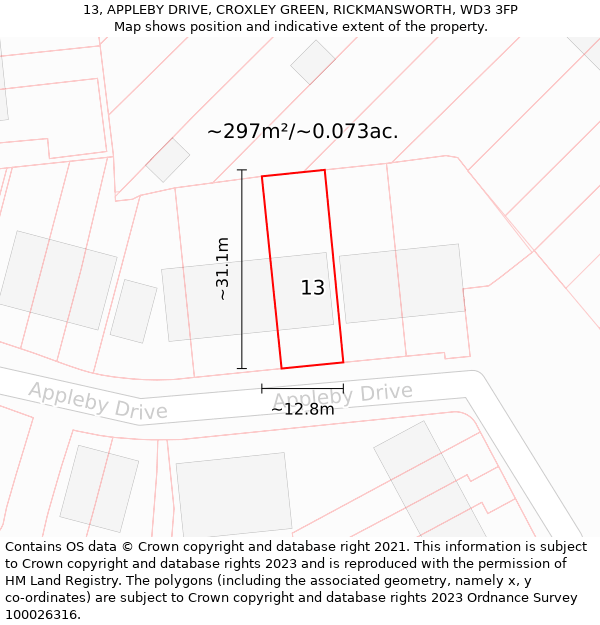 13, APPLEBY DRIVE, CROXLEY GREEN, RICKMANSWORTH, WD3 3FP: Plot and title map