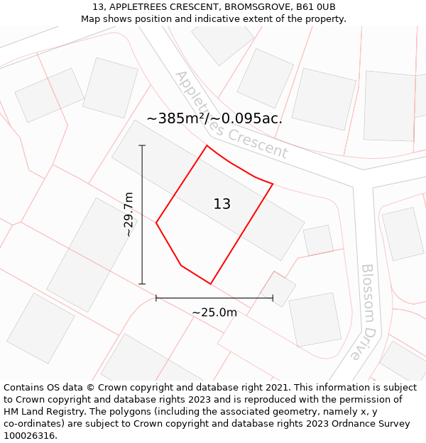 13, APPLETREES CRESCENT, BROMSGROVE, B61 0UB: Plot and title map