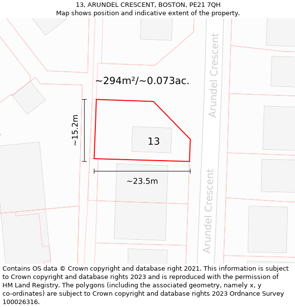 13, ARUNDEL CRESCENT, BOSTON, PE21 7QH: Plot and title map