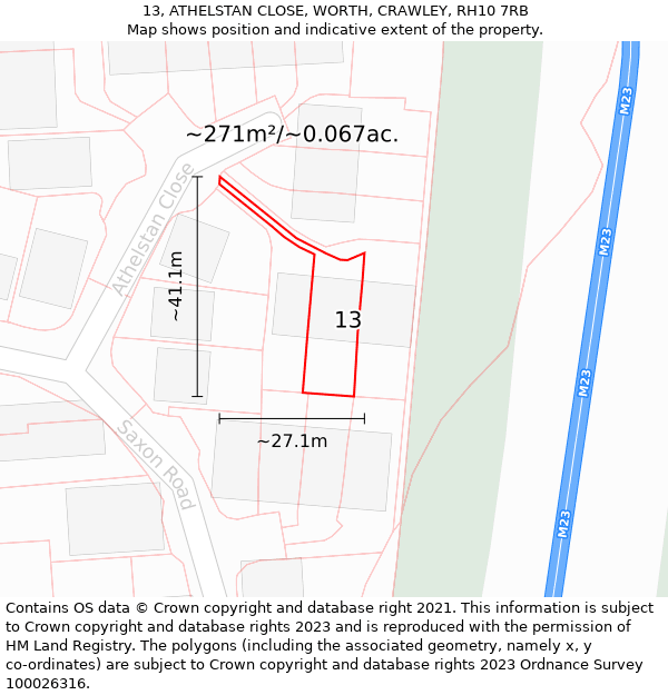 13, ATHELSTAN CLOSE, WORTH, CRAWLEY, RH10 7RB: Plot and title map