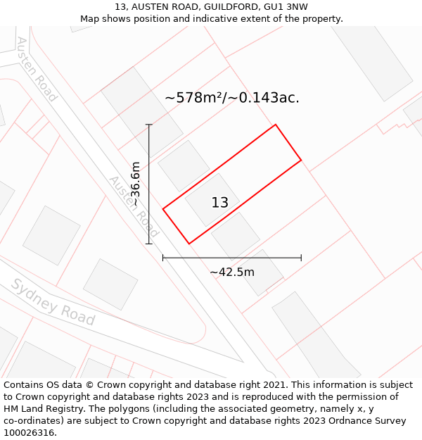 13, AUSTEN ROAD, GUILDFORD, GU1 3NW: Plot and title map