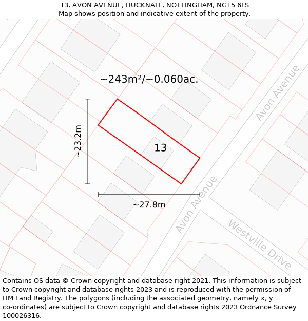 13, AVON AVENUE, HUCKNALL, NOTTINGHAM, NG15 6FS: Plot and title map