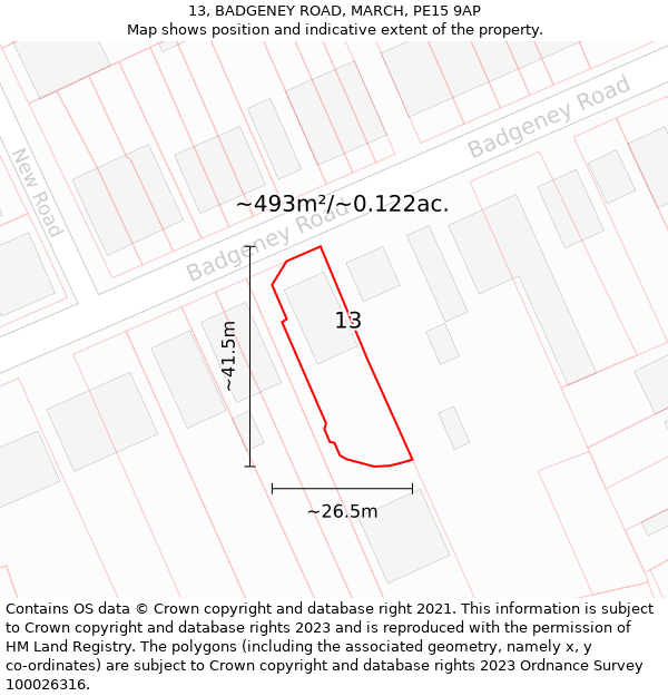 13, BADGENEY ROAD, MARCH, PE15 9AP: Plot and title map