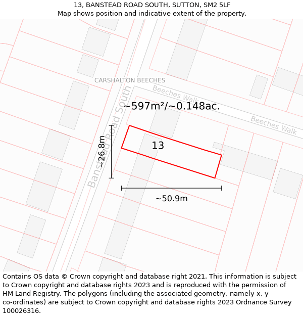 13, BANSTEAD ROAD SOUTH, SUTTON, SM2 5LF: Plot and title map