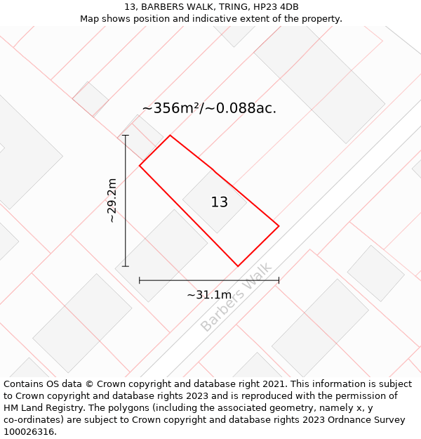 13, BARBERS WALK, TRING, HP23 4DB: Plot and title map