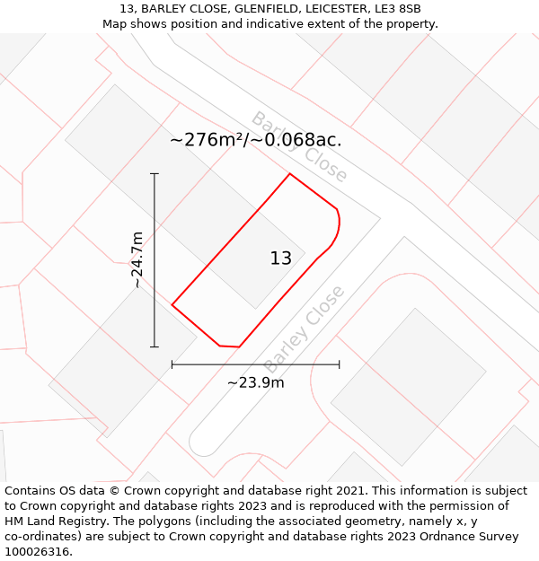 13, BARLEY CLOSE, GLENFIELD, LEICESTER, LE3 8SB: Plot and title map