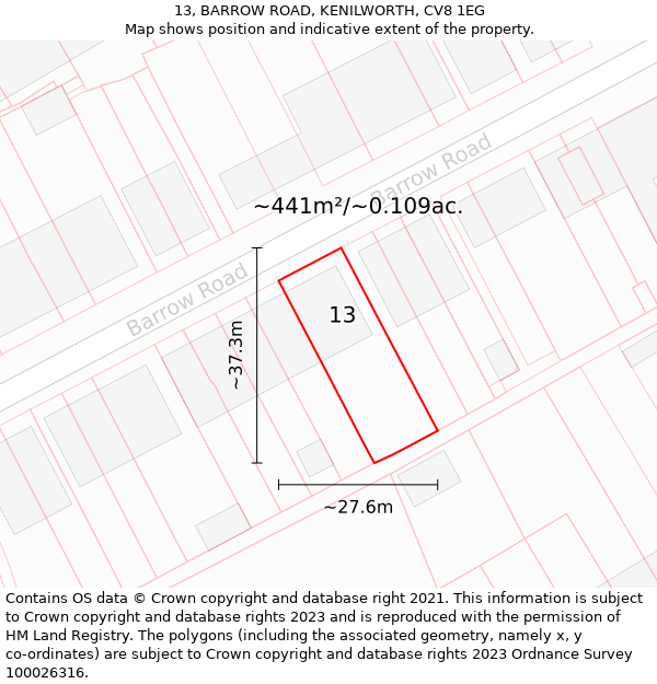 13, BARROW ROAD, KENILWORTH, CV8 1EG: Plot and title map