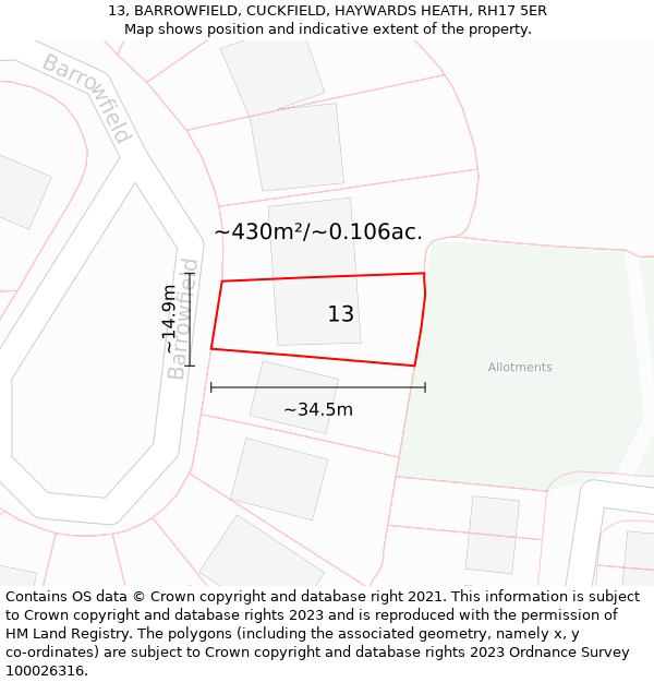 13, BARROWFIELD, CUCKFIELD, HAYWARDS HEATH, RH17 5ER: Plot and title map