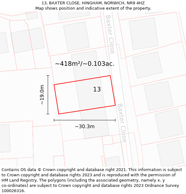 13, BAXTER CLOSE, HINGHAM, NORWICH, NR9 4HZ: Plot and title map