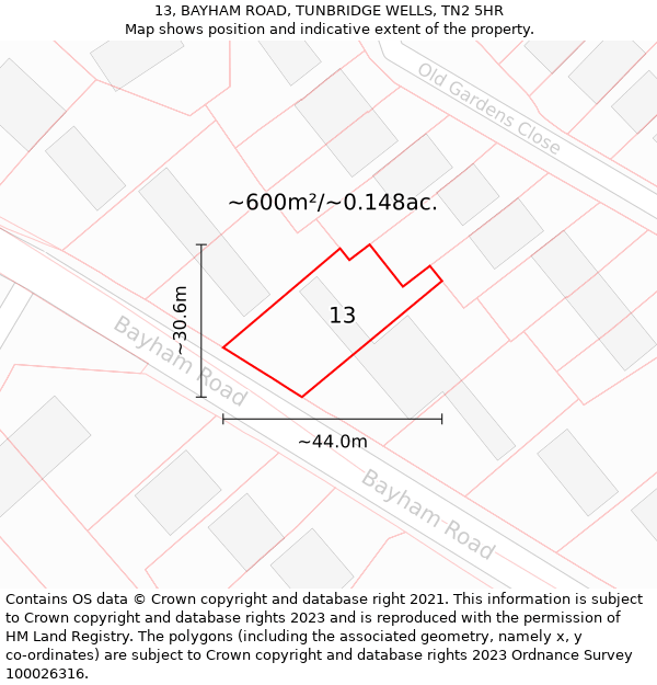 13, BAYHAM ROAD, TUNBRIDGE WELLS, TN2 5HR: Plot and title map