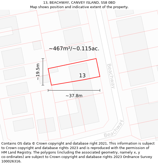 13, BEACHWAY, CANVEY ISLAND, SS8 0BD: Plot and title map