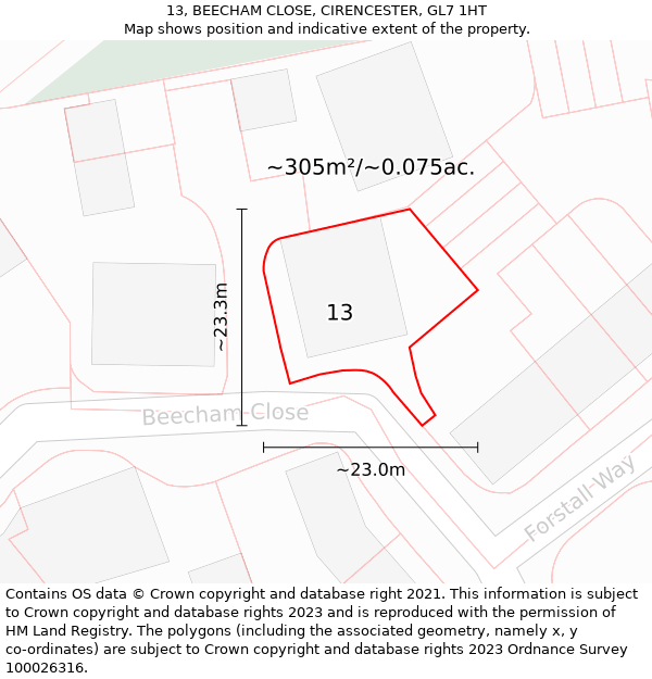 13, BEECHAM CLOSE, CIRENCESTER, GL7 1HT: Plot and title map