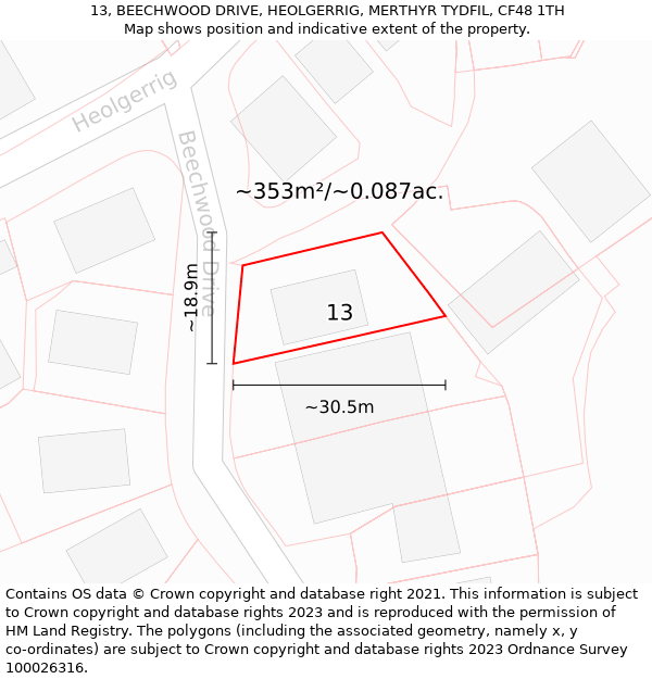 13, BEECHWOOD DRIVE, HEOLGERRIG, MERTHYR TYDFIL, CF48 1TH: Plot and title map