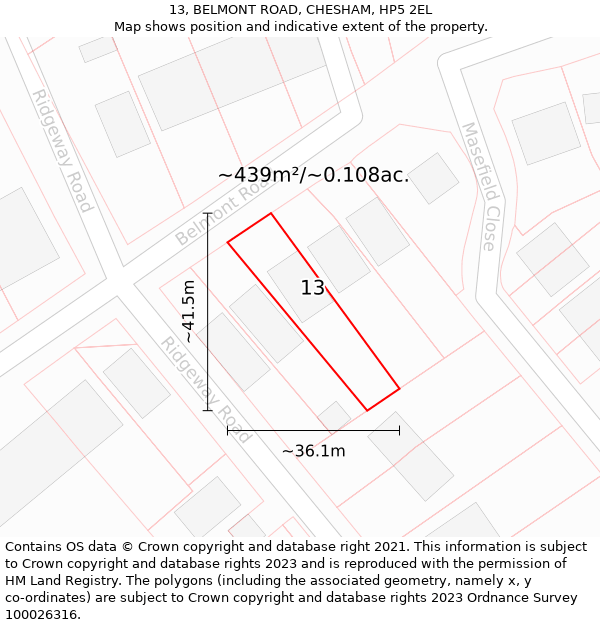 13, BELMONT ROAD, CHESHAM, HP5 2EL: Plot and title map