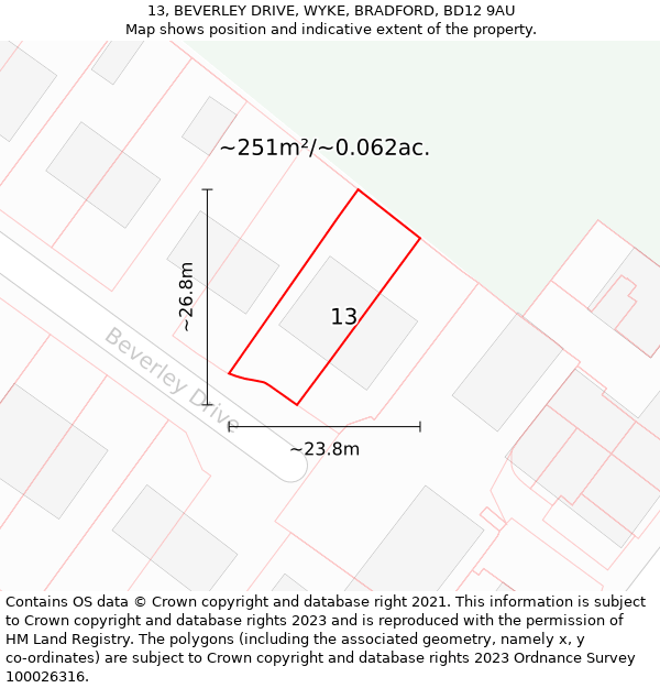 13, BEVERLEY DRIVE, WYKE, BRADFORD, BD12 9AU: Plot and title map