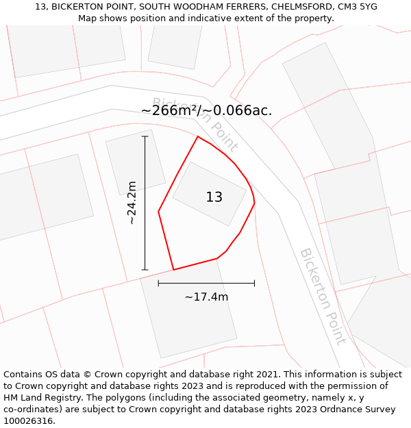 13, BICKERTON POINT, SOUTH WOODHAM FERRERS, CHELMSFORD, CM3 5YG: Plot and title map