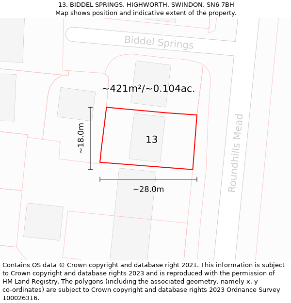 13, BIDDEL SPRINGS, HIGHWORTH, SWINDON, SN6 7BH: Plot and title map