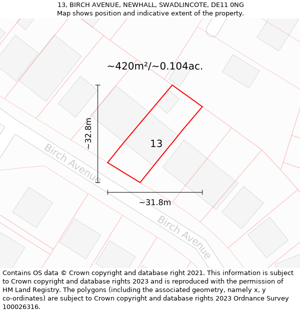 13, BIRCH AVENUE, NEWHALL, SWADLINCOTE, DE11 0NG: Plot and title map