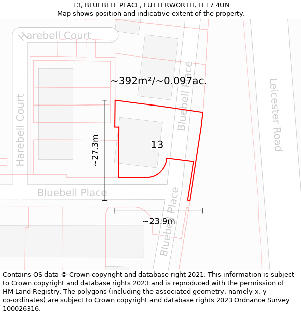 13, BLUEBELL PLACE, LUTTERWORTH, LE17 4UN: Plot and title map