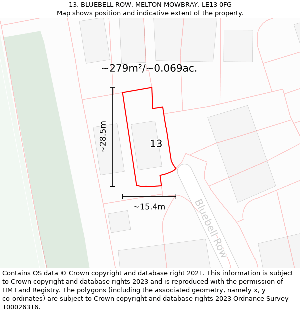 13, BLUEBELL ROW, MELTON MOWBRAY, LE13 0FG: Plot and title map