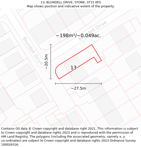 13, BLUNDELL DRIVE, STONE, ST15 0FG: Plot and title map