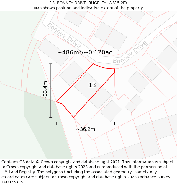 13, BONNEY DRIVE, RUGELEY, WS15 2FY: Plot and title map