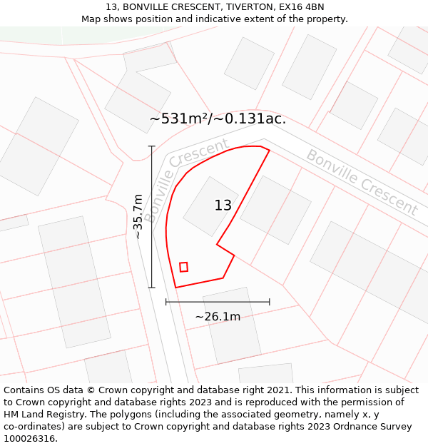 13, BONVILLE CRESCENT, TIVERTON, EX16 4BN: Plot and title map