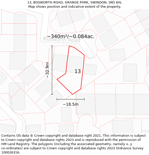 13, BOSWORTH ROAD, GRANGE PARK, SWINDON, SN5 6AL: Plot and title map