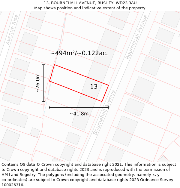 13, BOURNEHALL AVENUE, BUSHEY, WD23 3AU: Plot and title map