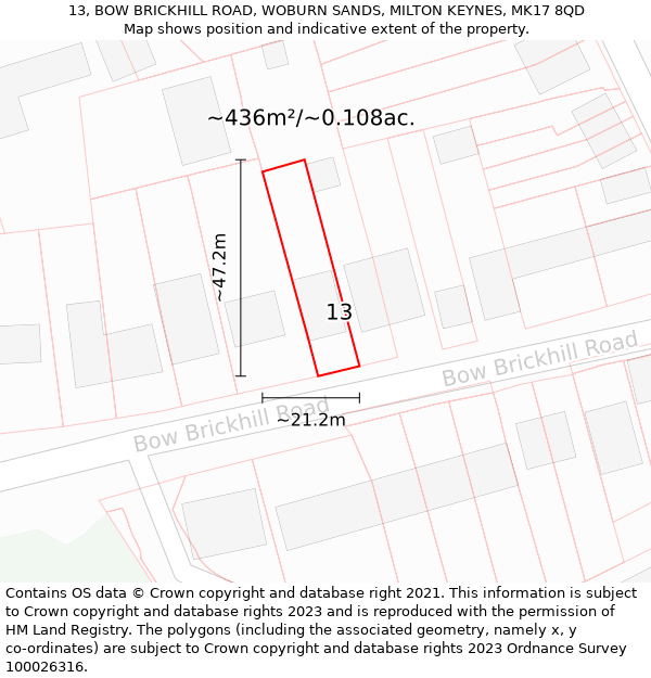 13, BOW BRICKHILL ROAD, WOBURN SANDS, MILTON KEYNES, MK17 8QD: Plot and title map