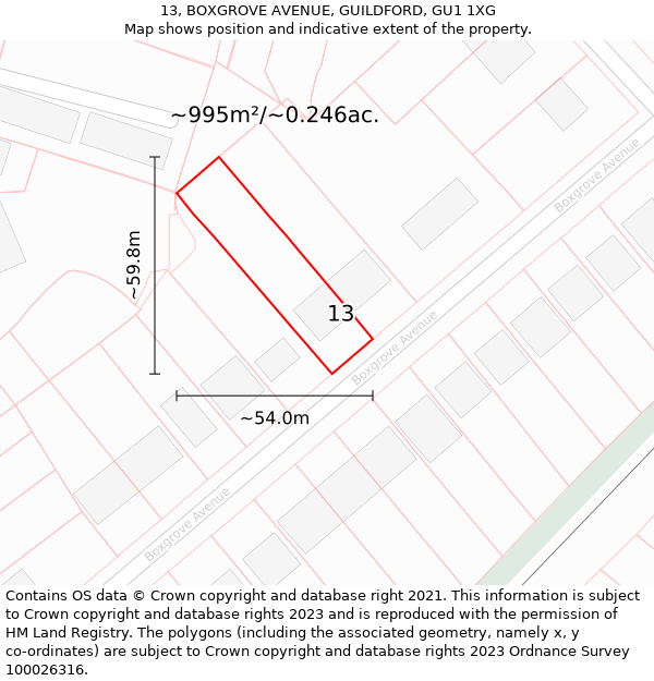 13, BOXGROVE AVENUE, GUILDFORD, GU1 1XG: Plot and title map