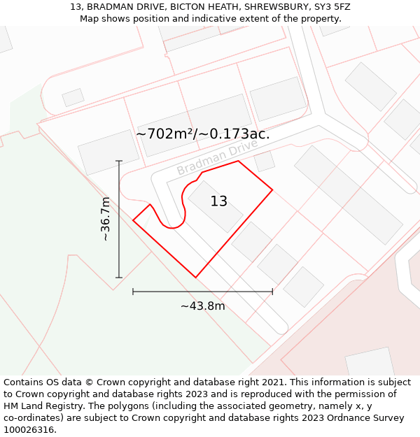 13, BRADMAN DRIVE, BICTON HEATH, SHREWSBURY, SY3 5FZ: Plot and title map