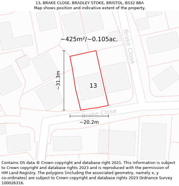 13, BRAKE CLOSE, BRADLEY STOKE, BRISTOL, BS32 8BA: Plot and title map