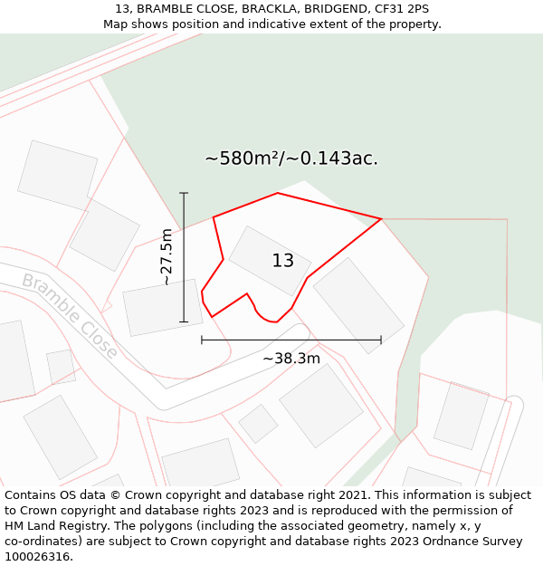 13, BRAMBLE CLOSE, BRACKLA, BRIDGEND, CF31 2PS: Plot and title map