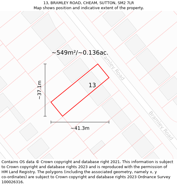 13, BRAMLEY ROAD, CHEAM, SUTTON, SM2 7LR: Plot and title map