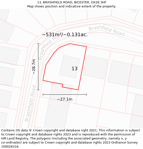 13, BRASHFIELD ROAD, BICESTER, OX26 3HF: Plot and title map