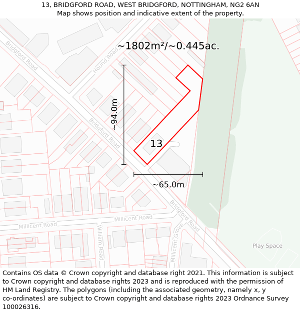 13, BRIDGFORD ROAD, WEST BRIDGFORD, NOTTINGHAM, NG2 6AN: Plot and title map