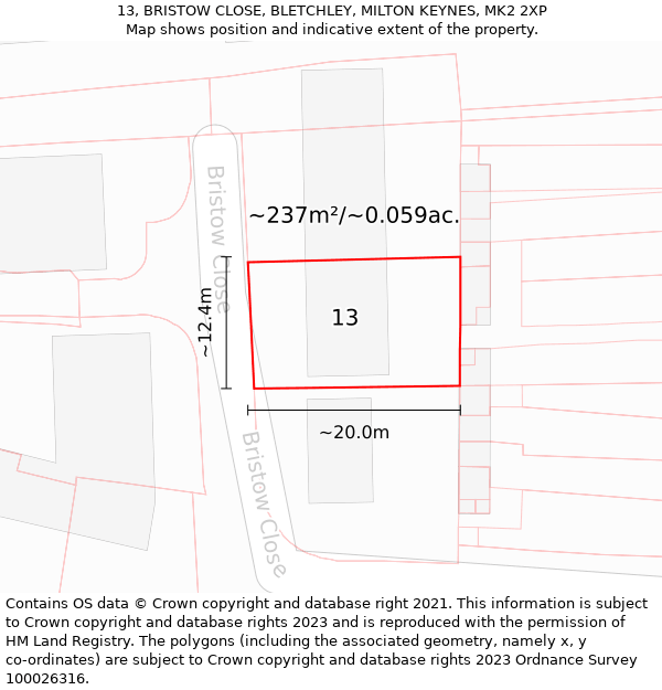 13, BRISTOW CLOSE, BLETCHLEY, MILTON KEYNES, MK2 2XP: Plot and title map